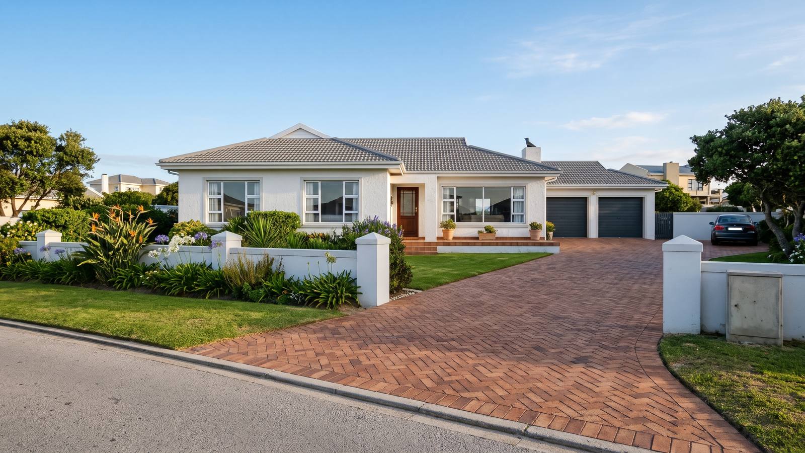 Herringbone clay brick paving on the driveway of a white coastal home, an example of paving in Port Elizabeth.