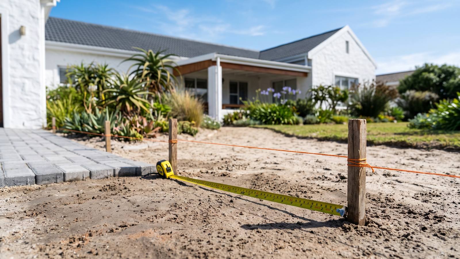 Tape measure stretched across a sandy driveway beside marking pegs before a paving quote.