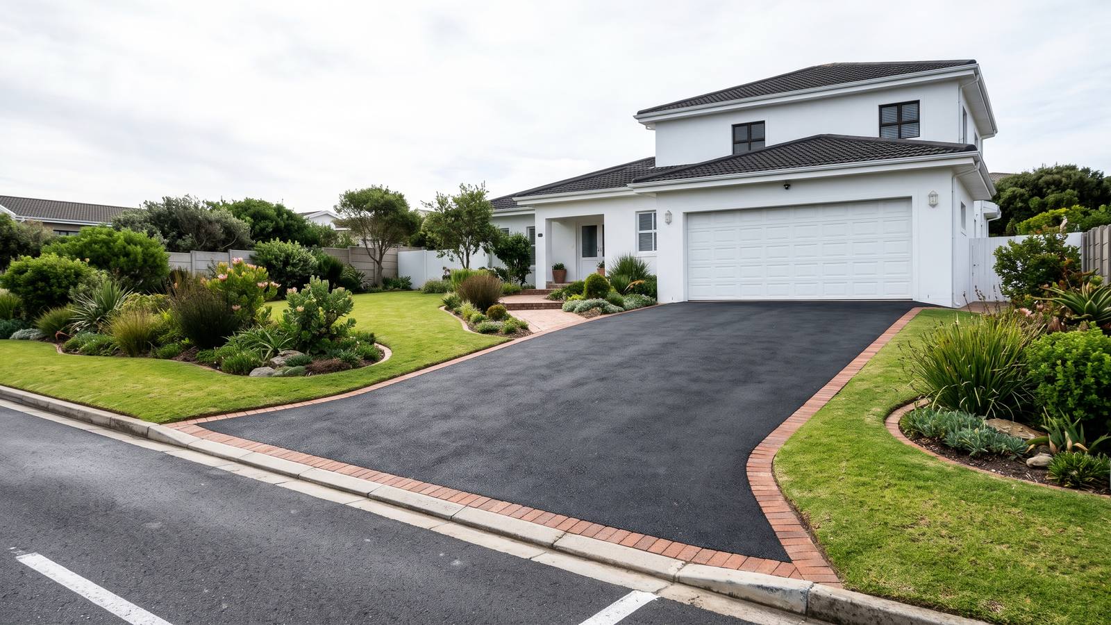 Freshly rolled black tar driveway with a brick edge leading to a double garage, tar surfacing in Port Elizabeth.